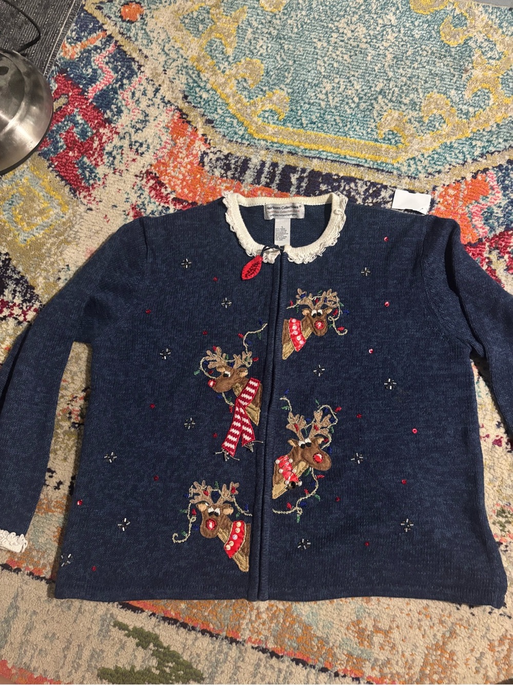 Heirloom Collectibles Navy Reindeer Embroidered Cardigan with Lace Collar